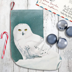 Petite Chaussette De Noël Hibou blanc ciel arctique hiver neige sarcelle