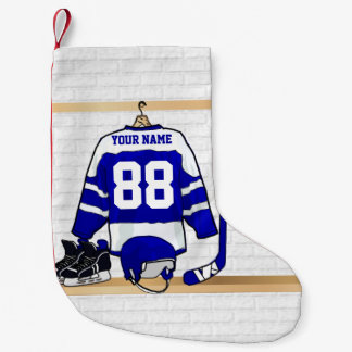 Petite Chaussette De Noël Hockey sur glace bleu et blanc personnalisé Jersey
