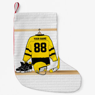 Petite Chaussette De Noël Hockey sur glace jaune et noir personnalisé Jerse