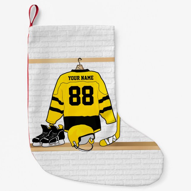 Petite Chaussette De Noël Hockey sur glace jaune et noir personnalisé Jersey (Devant)