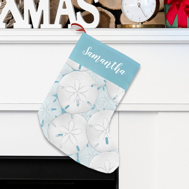 Petite Chaussette De Noël Holiday Simple Beach Tropical Dollar de sable (Blue tropical beach sand dollar Holiday stocking. )