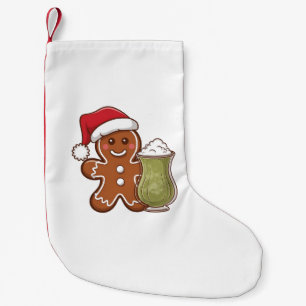Petite Chaussette De Noël Homme en pain d'épices tenant une boisson matcha N