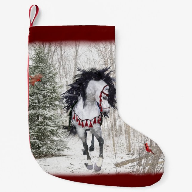 Petite Chaussette De Noël Horse des neiges et cardinaux Réservation de Noël (Devant)