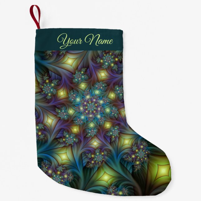 Petite Chaussette De Noël Illuminé bleu violet moderne Fractal Art Nom (Devant)