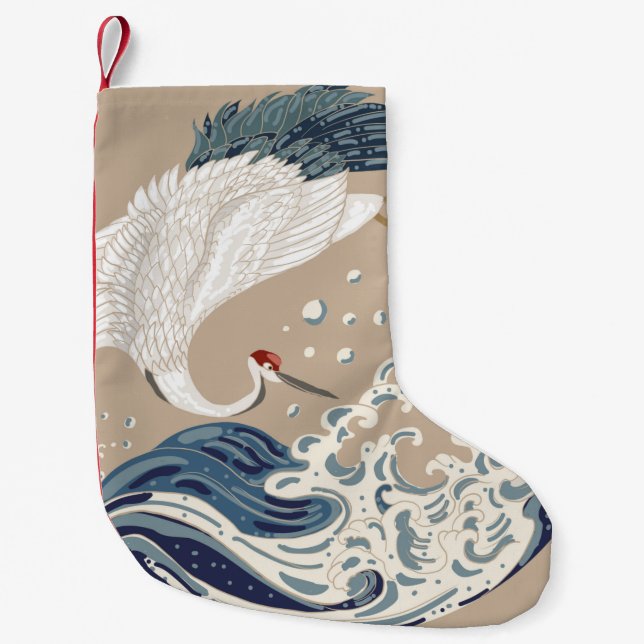 Petite Chaussette De Noël Illustration de grue et vague japonaise. Tradition (Devant)