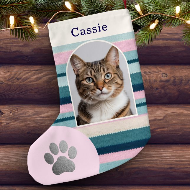 Petite Chaussette De Noël Impression de patte de chat pastel rose sarcelle p (A pink and teal striped Christmas stocking, personalized with pet cat's photo and name)