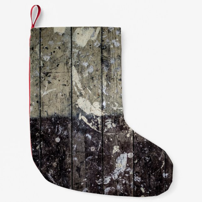 Petite Chaussette De Noël Imprimé blanc sur bois brun (Devant)