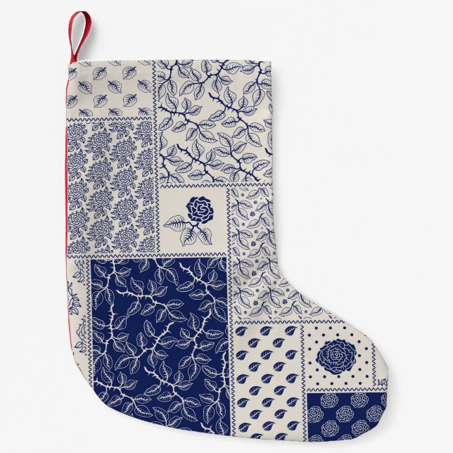 Petite Chaussette De Noël Indigo Bleu Beige Floral Patchwork (Devant)