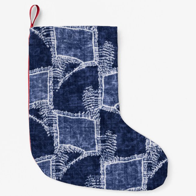 Petite Chaussette De Noël Indigo Patchwork : Texturé Checked Elegance (Devant)