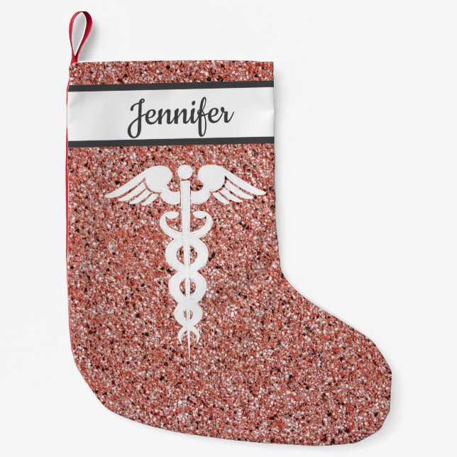 Petite Chaussette De Noël Infirmière Médicale Caduceus Rose Gold Nom de la P (Devant)