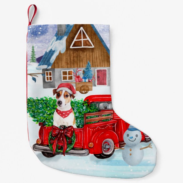Petite Chaussette De Noël Jack Russell Chien à Noël Livraison Camion Neige (Devant)