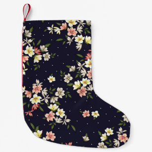 Petite Chaussette De Noël jaune rose et marron petites fleurs avec lea vert