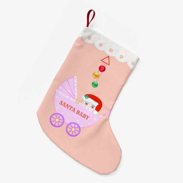 Petite Chaussette De Noël Joli bébé Santa sur fond rose (Devant (Accrochage))