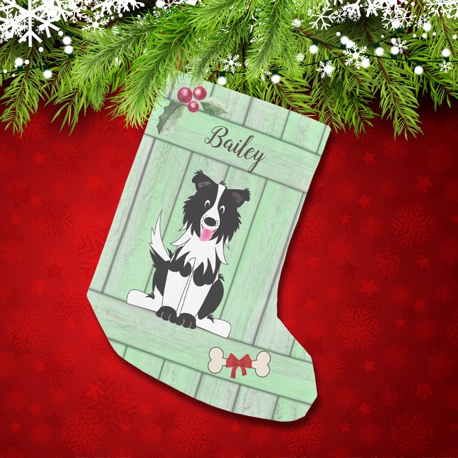 Petite Chaussette De Noël Joli Bordure Collie Vert Bois clôture Monogramme (Créateur téléchargé)