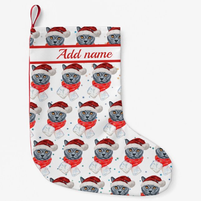 Petite Chaussette De Noël Joli Chat Gris Aquarelle avec Écharpe (Devant)