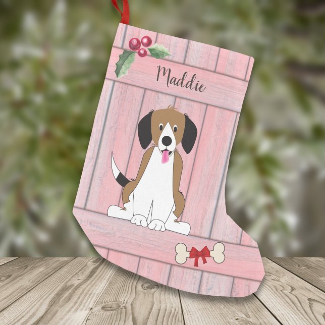 Petite Chaussette De Noël Joli chien Beagle fille en bois rose Monogramme (Créateur téléchargé)