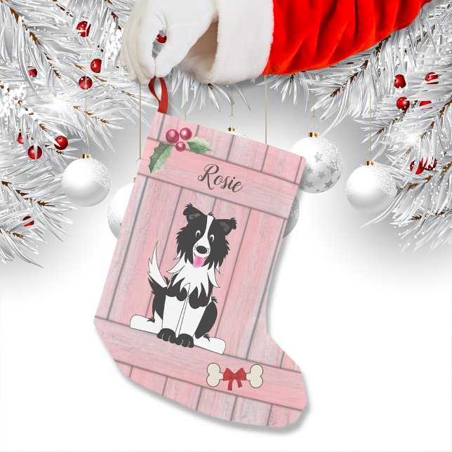 Petite Chaussette De Noël Joli Collie Bordure Rose Bois clôture Monogramme (Créateur téléchargé)