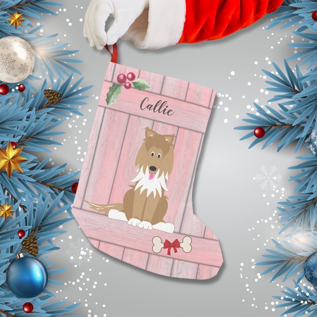 Petite Chaussette De Noël Joli Collie Chien Rose en bois clôture Monogramme (Créateur téléchargé)