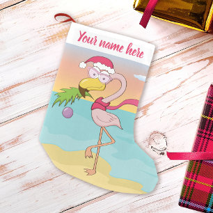 Petite Chaussette De Noël Joli Flamant rose de Noël sur Tropical Beach Nom
