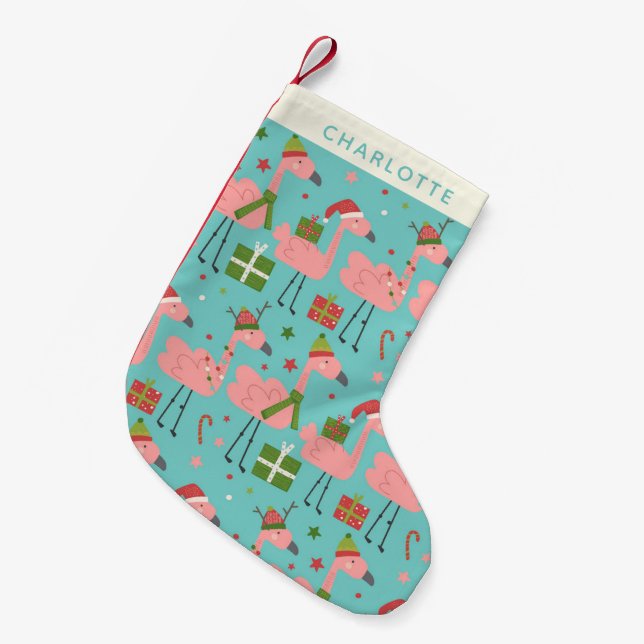 Petite Chaussette De Noël Joli Flamants roses de Noël Aqua Blue Personnalisé (Devant (Accrochage))