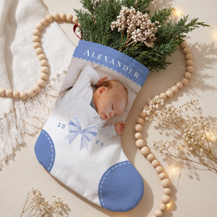 Petite Chaussette De Noël Joli Nœud Bleu Nom & Photo Premier Noël de Bébé