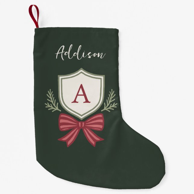 Petite Chaussette De Noël Joli Nœud Rayé Monogramme Vert Rouge (Devant)