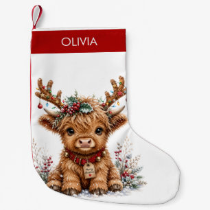 Petite Chaussette De Noël Joli vache Highland de Noël avec des bois festifs