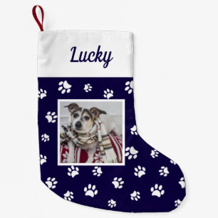 Petite Chaussette De Noël Jolie photo personnalisée de chien nom pattes bleu