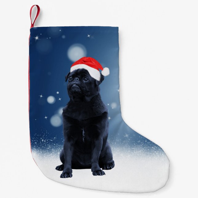 Petite Chaussette De Noël Jote Chien Carlin noir Noël Santa Hat Étoiles de n (Devant)
