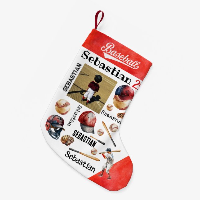 Petite Chaussette De Noël Joueur de baseball softball PERSONNALISÉ Photo & N (Devant (Accrochage))
