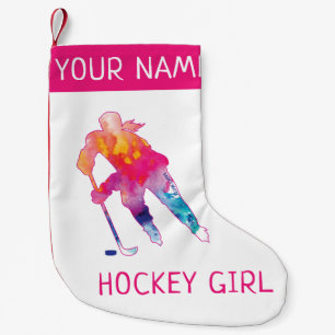 Petite Chaussette De Noël Joueuse de hockey personnalisée Aquarelle rose