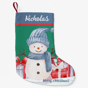 Petite Chaussette De Noël Joyeux bonhomme de neige bleu avec des présents Jo