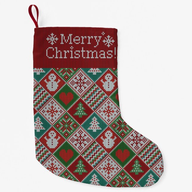 Petite Chaussette De Noël Joyeux Noël Rouge Vert Blanc Faux Knit Motif (Devant)
