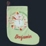 Petite Chaussette De Noël Joyeux Noël vert Snowman<br><div class="desc">Cette réserve est accompagnée d'un joyeux bonhomme de neige. Personnalisez-le avec un nom.</div>