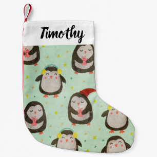 Petite Chaussette De Noël Joyeux pingouins portant des chapeaux de Père Noël