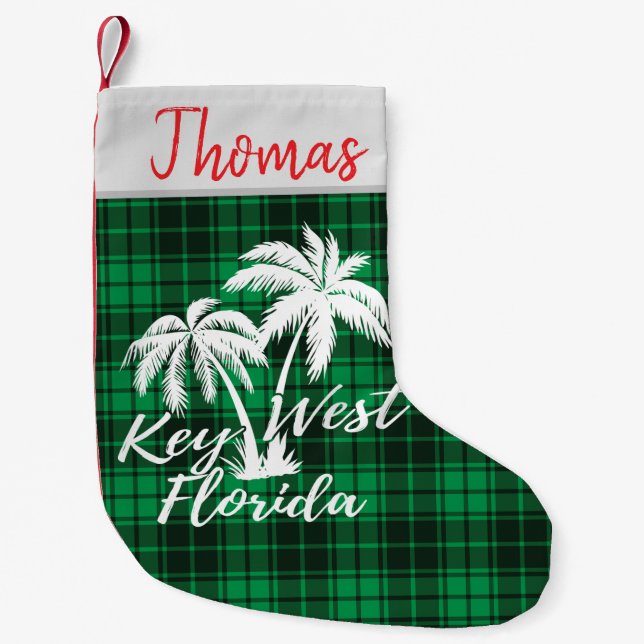 Petite Chaussette De Noël Key West Florida Palm Trees Plaid Vert Plaid (Devant)