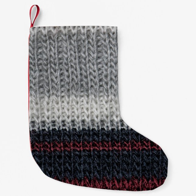 Petite Chaussette De Noël Laine de tricot : rouge, rayures blanches. (Devant)