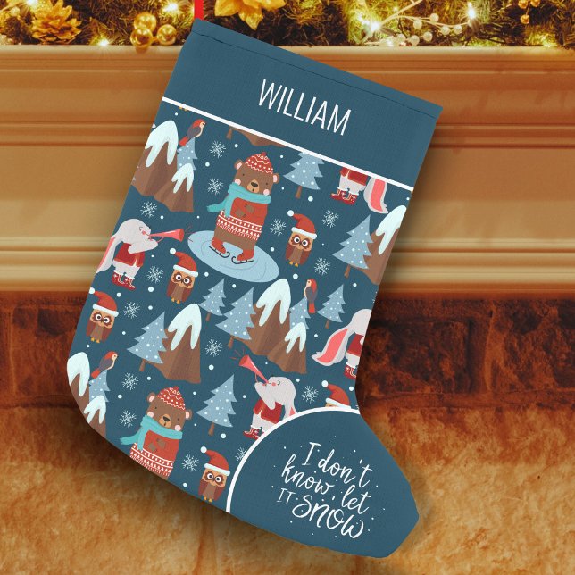 Petite Chaussette De Noël Laisser neiger mignon animal avec nom Blue Holiday (Créateur téléchargé)