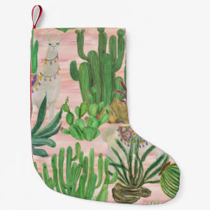 Petite Chaussette De Noël Lamas aquarelle et motif cactus.