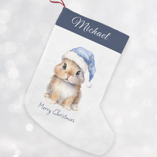 Petite Chaussette De Noël Lapin en Père Noël bleu Casquette Personnalisé