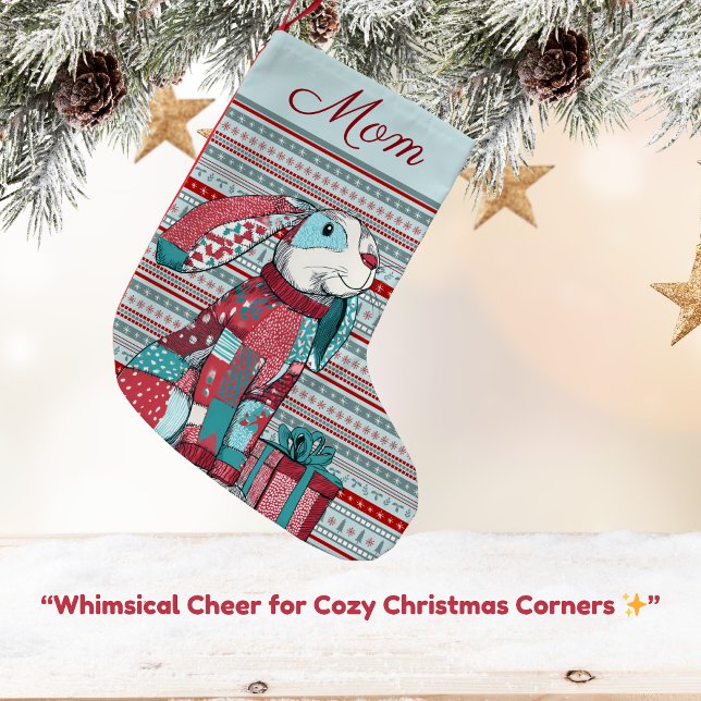 Petite Chaussette De Noël Lapin fantaisiste  (Patchwork bunny Christmas stocking in aqua and red — perfect for Mom 💕)
