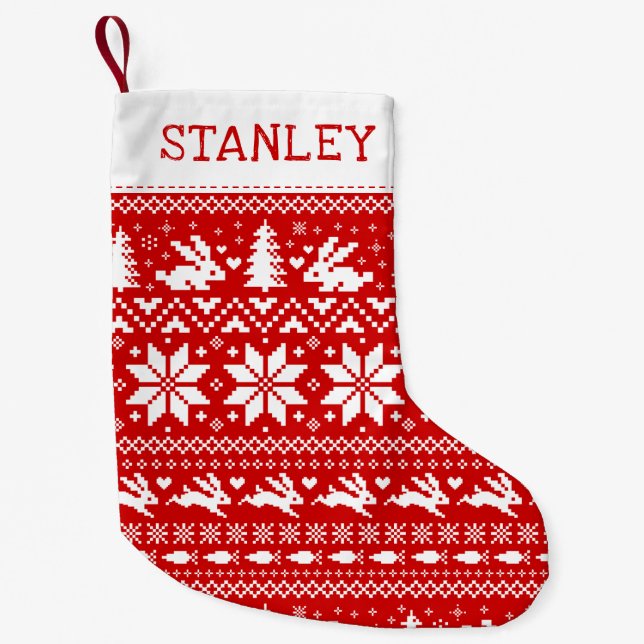 Petite Chaussette De Noël Lapin mignon lapins Motif de vacances Rouge et bla (Devant)