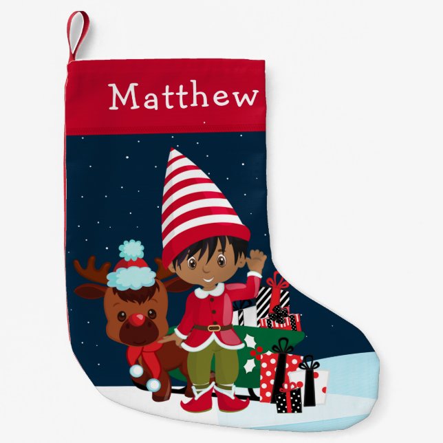Petite Chaussette De Noël Le Garçon d'Elf multiculturel de Rudolph (Devant)