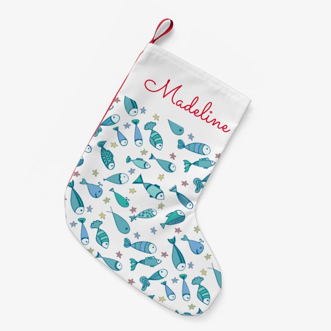 Petite Chaussette De Noël Le motif avec des poissons et les étoiles de mer | (Devant (Accrochage))