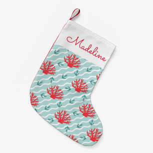 Petite Chaussette De Noël Le motif   de corail rouge ajoutent votre nom