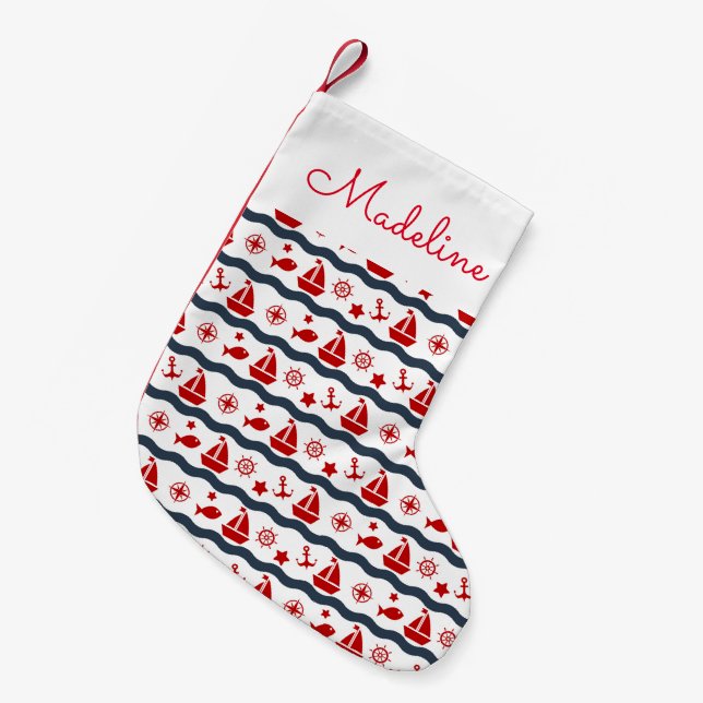 Petite Chaussette De Noël Le motif maritime mignon | ajoutent votre nom (Devant (Accrochage))