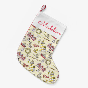 Petite Chaussette De Noël Le motif mignon   de scène de plage ajoutent votr