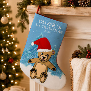 Petite Chaussette De Noël Le premier Noël de bébé Ours en peluche bleu Chape