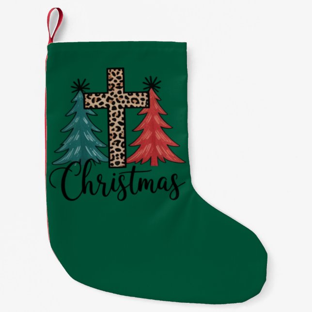 Petite Chaussette De Noël Léopard Croix Arbres de Noël Chrétiens  (Devant)