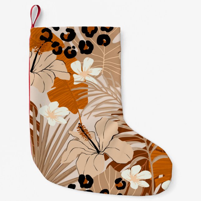 Petite Chaussette De Noël Léopard fourrure tropicale feuille fleurs d'hibisc (Devant)